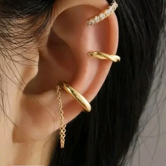 Gold Ear Cuff Set - Minimal Layered Hoops & Chain - Picture 2 of 6